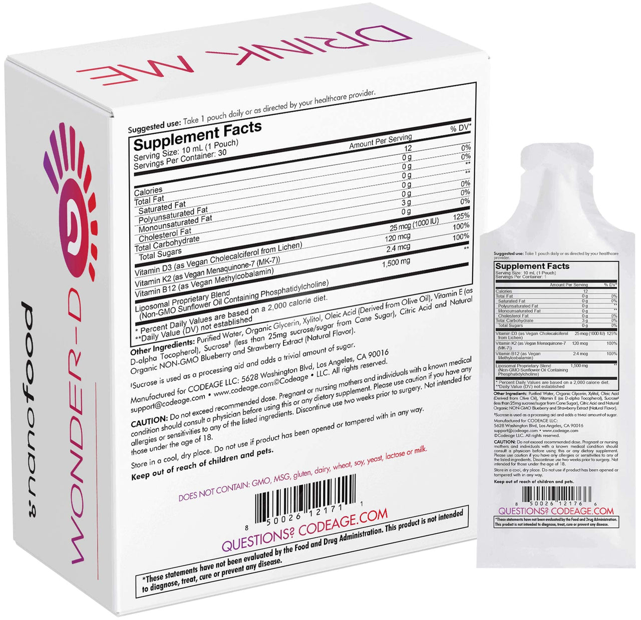 Codeage Liposomal Vitamin D3 Liquid Supplement Sachet, Wonder-D Cholecalciferol Vegan Liquid Multivitamin, Plant-Based Vitamins K2 B12, Non-GMO Phospholipids, Vitamin E, Berry Flavor - 30 Pouches