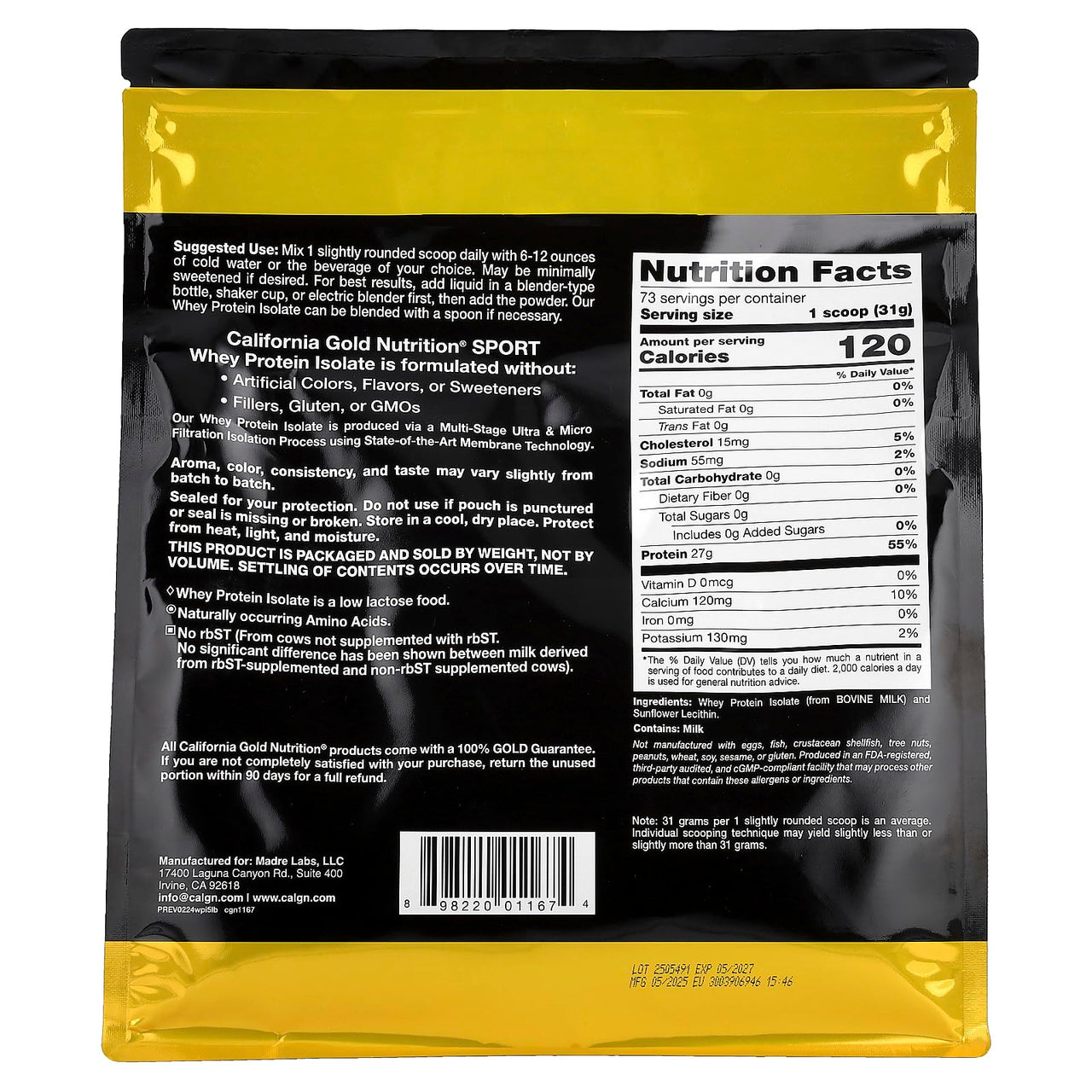 California Gold Nutrition, 100% Whey Protein Isolate, Unflavored, 5 lb (2.27 kg)
