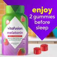 Thumbnail for vitafusion Max Strength 10 mg Melatonin Gummies, Strawberry Flavored, Adult Melatonin Gummy Vitamin Supplement, 100 Count, 50 Day Supply