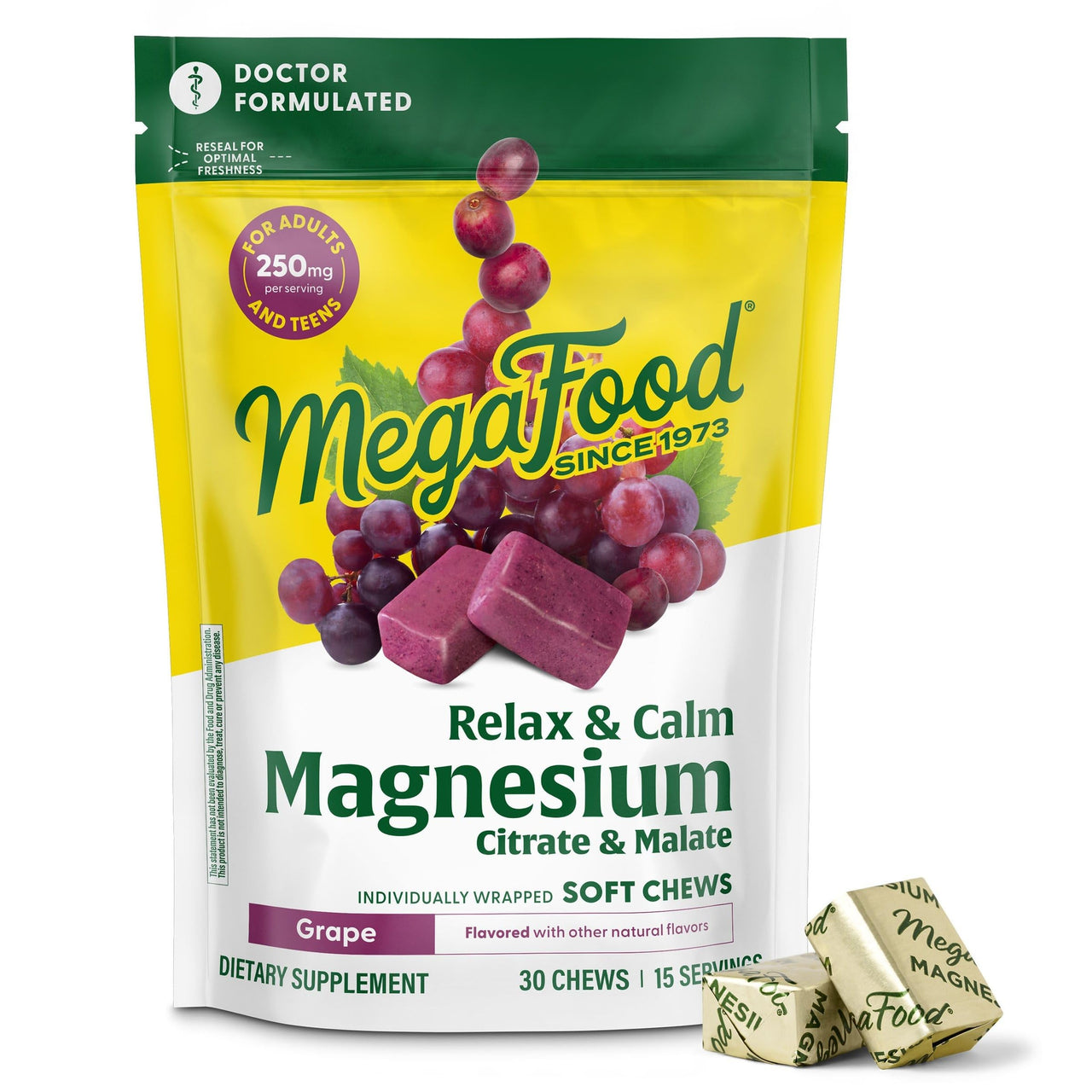 MegaFood Relax + Calm Magnesium Complex with Magnesium Citrate & Malate for Heart Health, Muscle Tension & More – Doctor Formulated - Vegetarian – Grape Flavor - 30 Soft Chews (15 Servings)