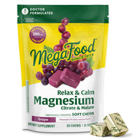 Thumbnail for MegaFood Relax + Calm Magnesium Complex with Magnesium Citrate & Malate for Heart Health, Muscle Tension & More – Doctor Formulated - Vegetarian – Grape Flavor - 30 Soft Chews (15 Servings)
