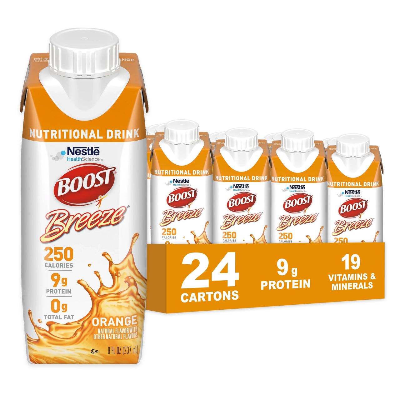 BOOST Breeze Clear Nutritional Drink - 250 Calories - 19 Vitamins & Minerals - 9 g Protein – Fortified Clear with Vitamin A & Zinc - Orange Flavor - 8 fl oz (Pack of 24)