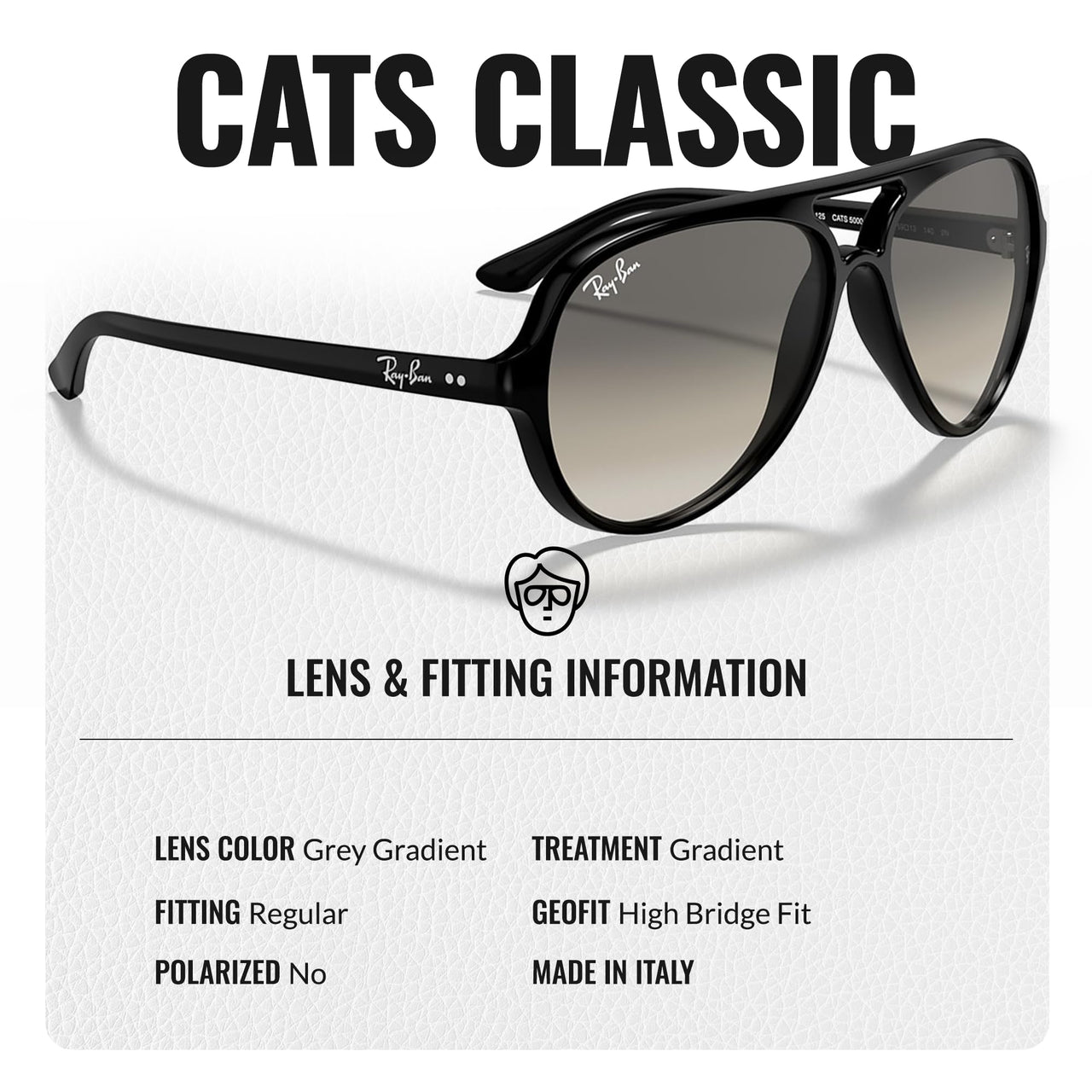 Ray-Ban RB4125 CATS 5000 CLASSIC Pilot Shaped Non-Polarized Sunglasses for Men – Includes Official RAYBAN Eyewear Kit – Ideal Formal & Casual Wear Sunglasses – Light Grey Gradient Lens
