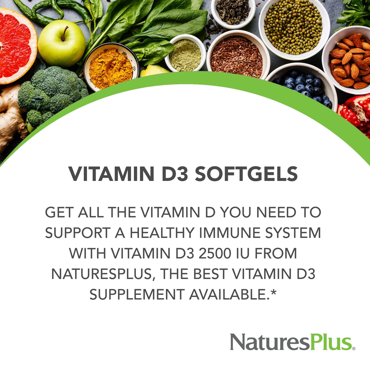 NaturesPlus Vitamin D3 2500 IU - 90 Softgels - Bone Strength & Immune Support - 90 Servings