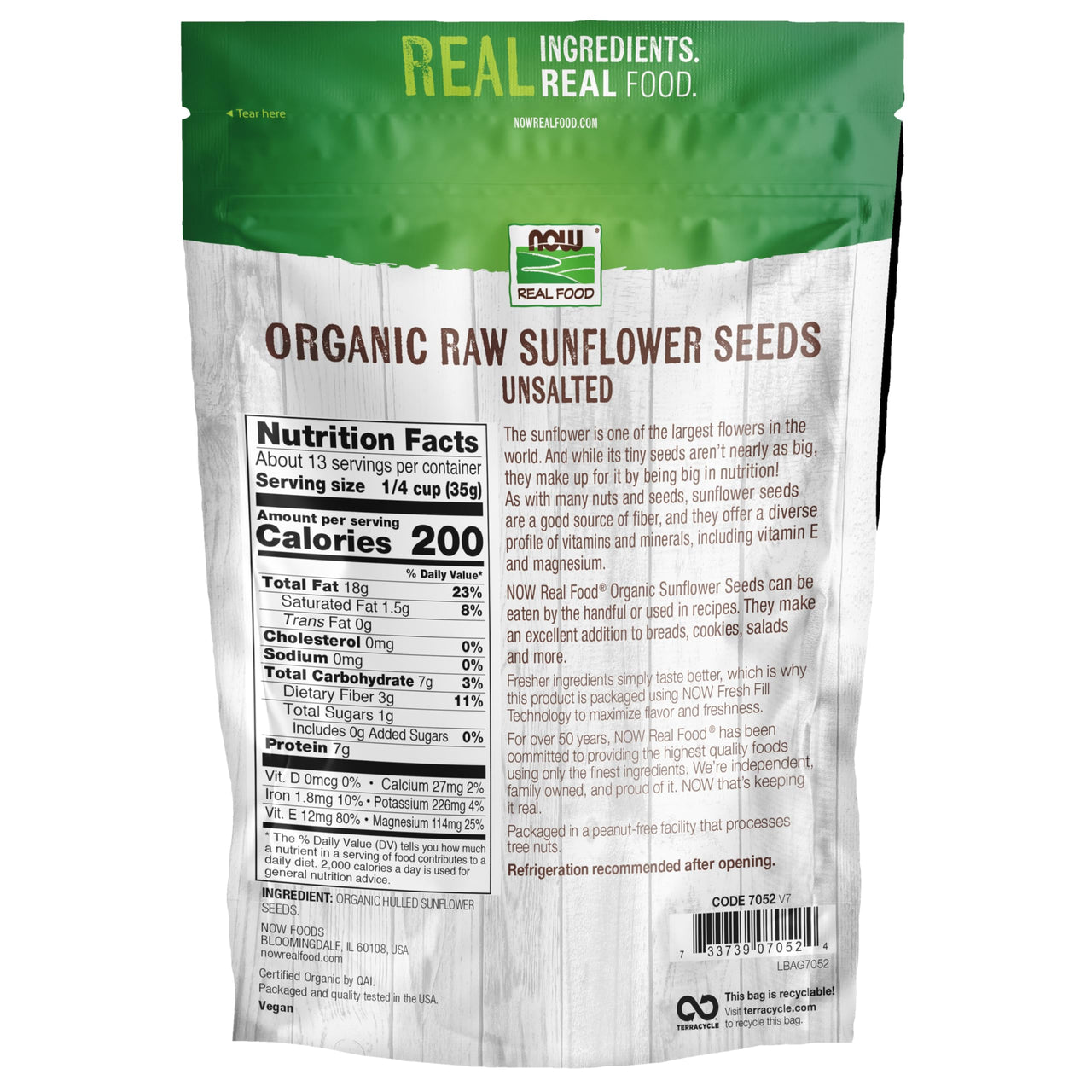 NOW Foods, Certified Organic Sunflower Seeds, Raw and Unsalted, Source of Fiber and Vitamin E, Hulled for Great Taste, Certified Non-GMO, 16-Ounce (Packaging May Vary)