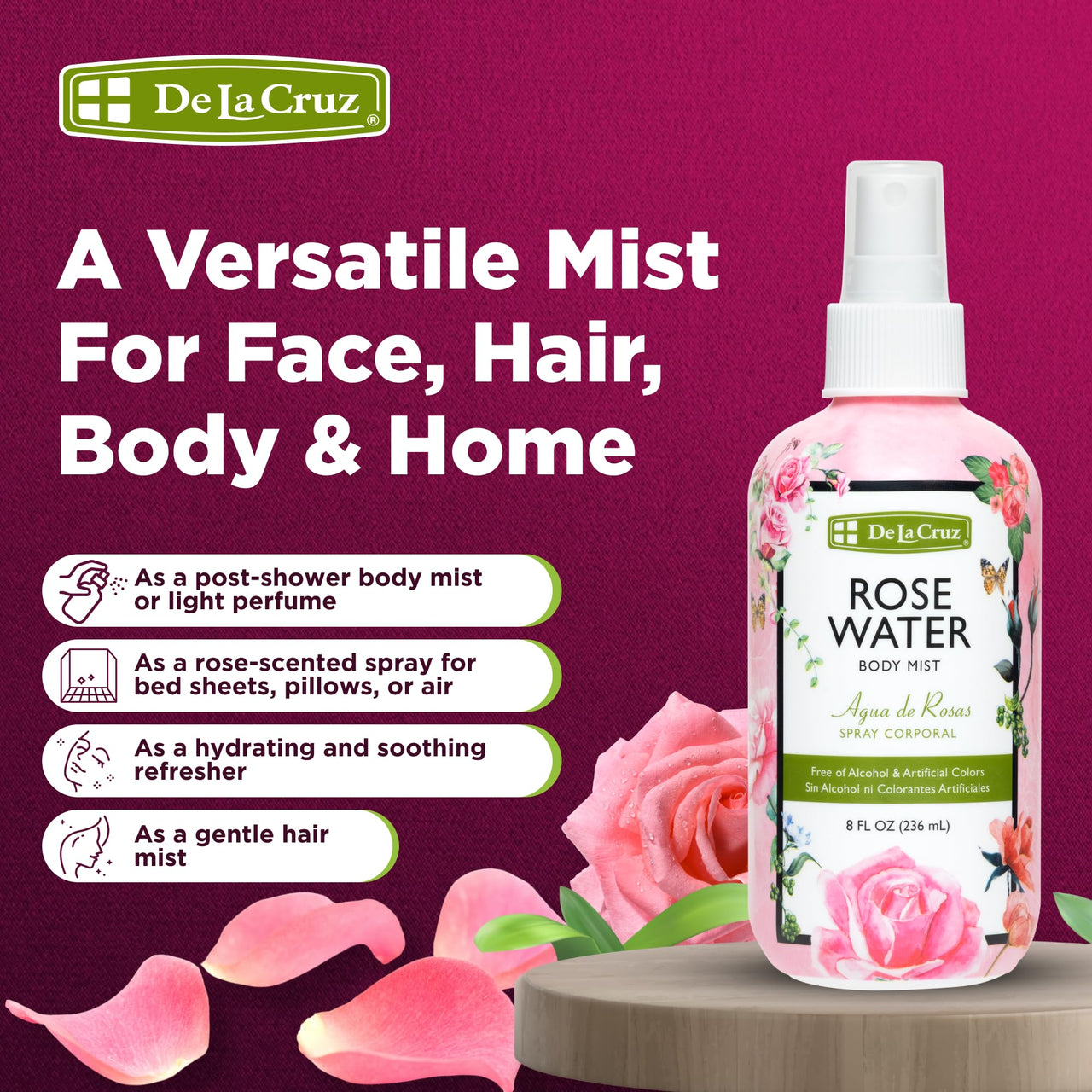 De La Cruz Pure Rose Water Body Mist,Rosewater Spray for Face, Skin & Hair, Rose Toner & Rose Water for Hair Alcohol Free, Paraben Free 8 fl oz (3 Bottles)