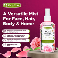 Thumbnail for De La Cruz Pure Rose Water Body Mist,Rosewater Spray for Face, Skin & Hair, Rose Toner & Rose Water for Hair Alcohol Free, Paraben Free 8 fl oz (3 Bottles)