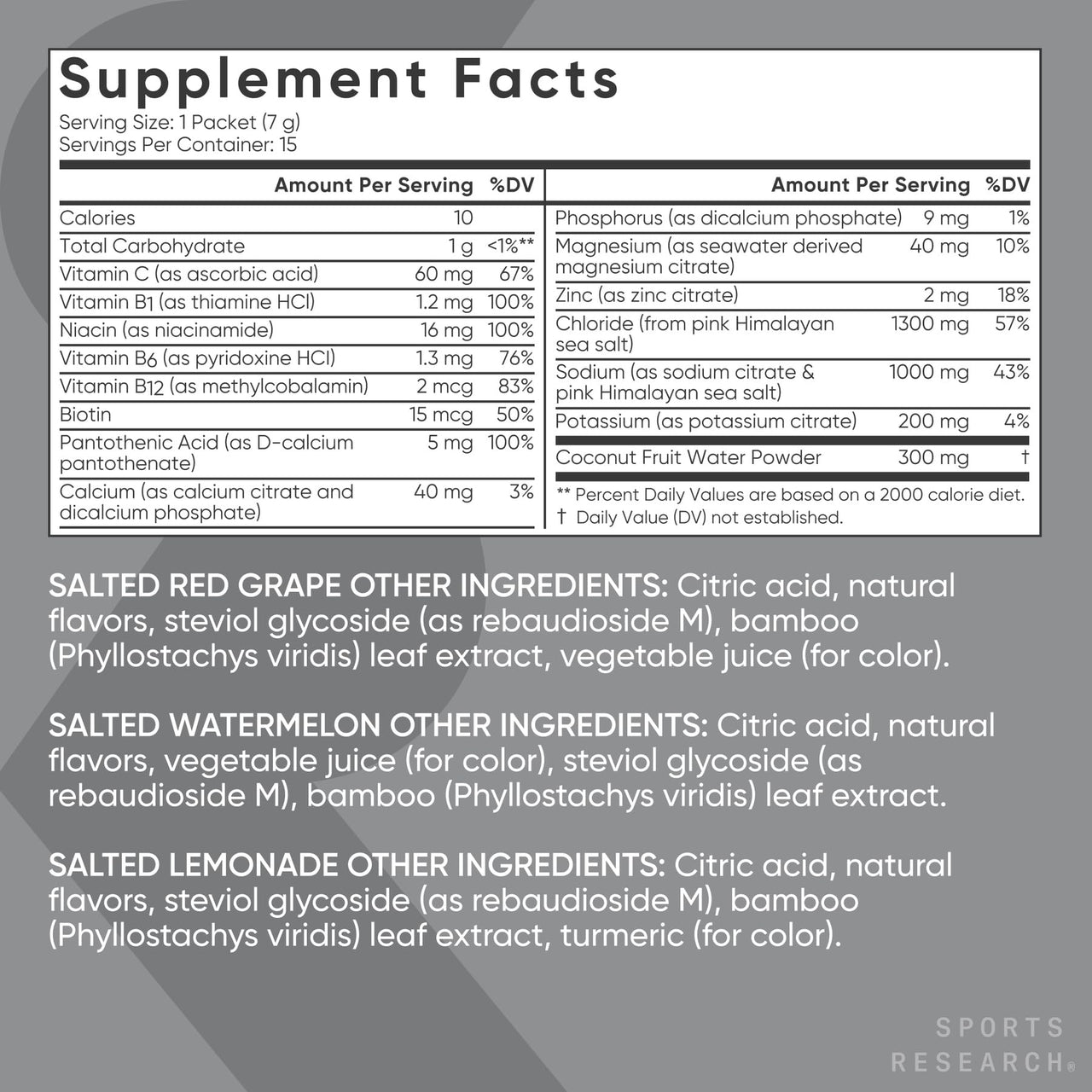 Sports Research® Salted Hydrate Electrolytes Powder Packets - Sugar-Free & Naturally Flavored with Vitamins, Minerals, and Coconut Water - Supports Hydration* - 15 Packets - Variety Pack