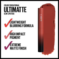 Thumbnail for Maybelline Color Sensational Ultimatte Matte Lipstick, Non-Drying, Intense Color Pigment, More Rust, Rusty Red, 1 Count