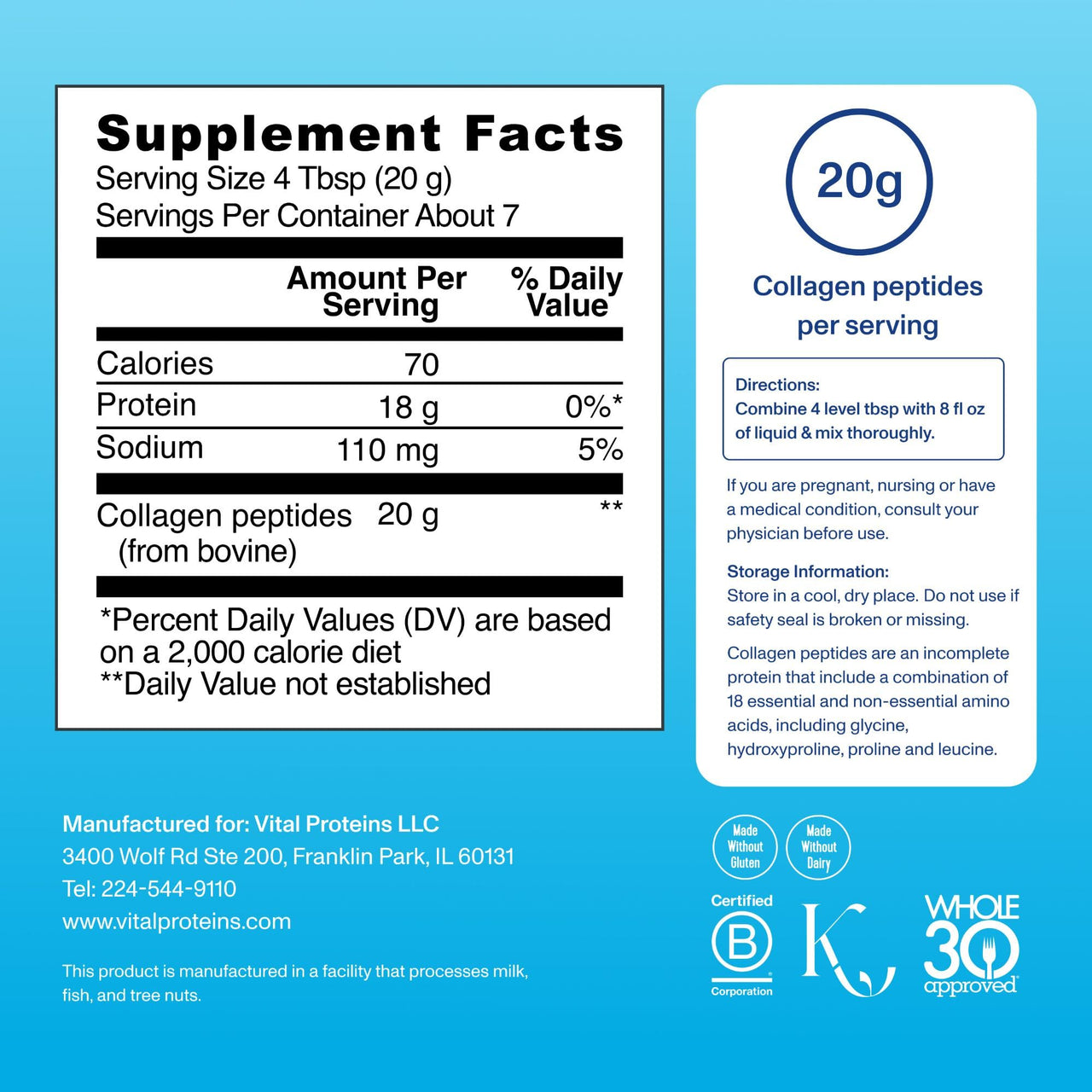 Vital Proteins Collagen Peptides Powder Supplement for Skin Hair Nail Joint Health or Support - Hydrolyzed Collagen - Unflavored, 7 Servings