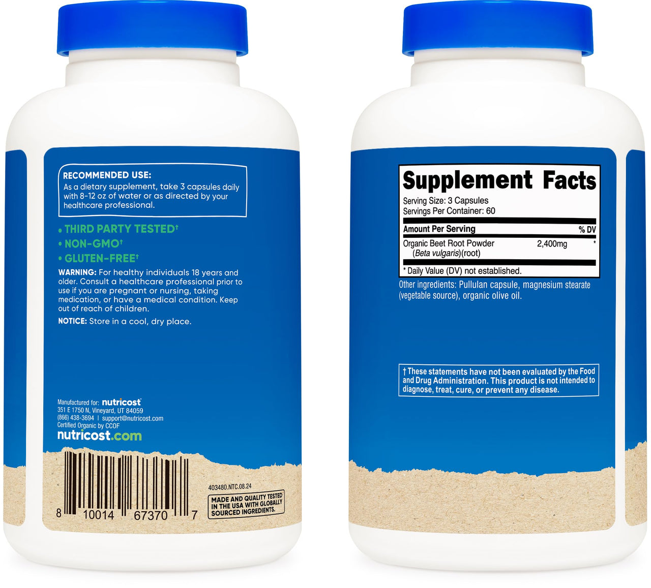 Nutricost Beet Root 2400mg, 180 Capsules - CCOF Certified Made with Organic Beet Root, Superfood, 60 Servings