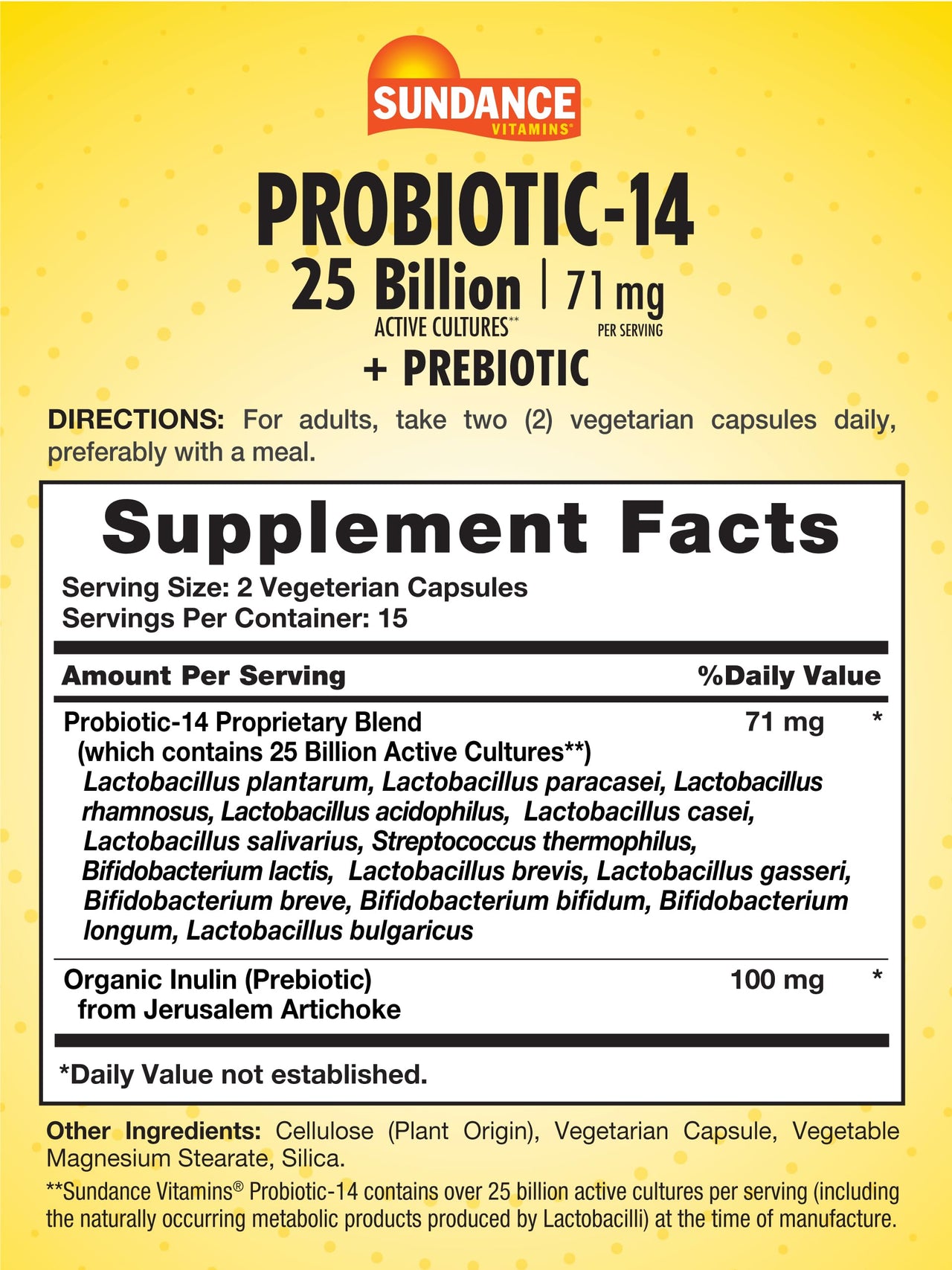 Sundance Probiotic-14 | 25 Billion Cultures | 30 Capsules | with Prebiotics | Vegetarian, Non-GMO, and Gluten Free Supplement