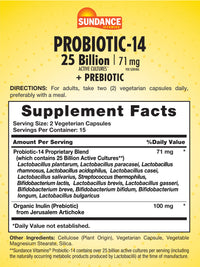 Thumbnail for Sundance Probiotic-14 | 25 Billion Cultures | 30 Capsules | with Prebiotics | Vegetarian, Non-GMO, and Gluten Free Supplement