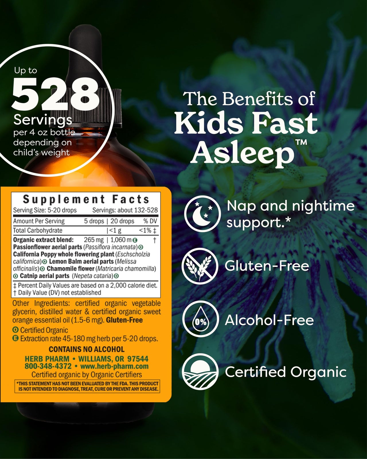 Herb Pharm Kids Fast Asleep™: Sleep Support Herbal Extract, Sugar-Free, Alcohol-Free, Herbal Supplement for Kids, Nap & Nighttime Support, Non-Bitter, Up to ~528 Servings Per Bottle, 4 oz*