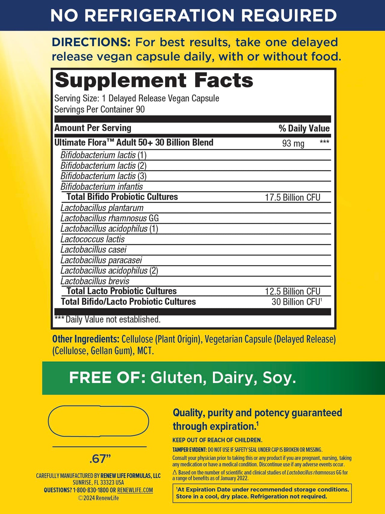 Renew Life Probiotic Adult 50 Plus Probiotic Capsules, Daily Supplement Supports Urinary, Digestive and Immune Health, L. Rhamnosus GG, Dairy, Soy and gluten-free, 30 Billion CFU, 90 Count