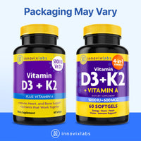 Thumbnail for InnovixLabs Vitamin D3 K2-5000 IU Vitamin D3 Plus 600 mcg Vitamin K2 MK4 and MK7 for Max Calcium Absorption, Supports Bone, Immune, Heart Health, 3rd Party Tested, Gluten Free, 60 Softgels