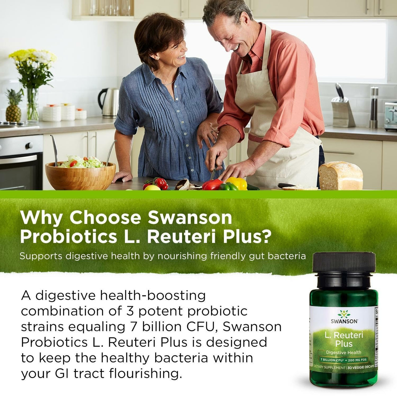 Swanson L. Reuteri Probiotic Plus w/L. Rhamnosus L. Acidophilus & FOS Prebiotic Digestive Support - Promotes Gut Health w/ 7 Billion CFU per Capsule - (30 Veggie Capsules) (3 Pack)