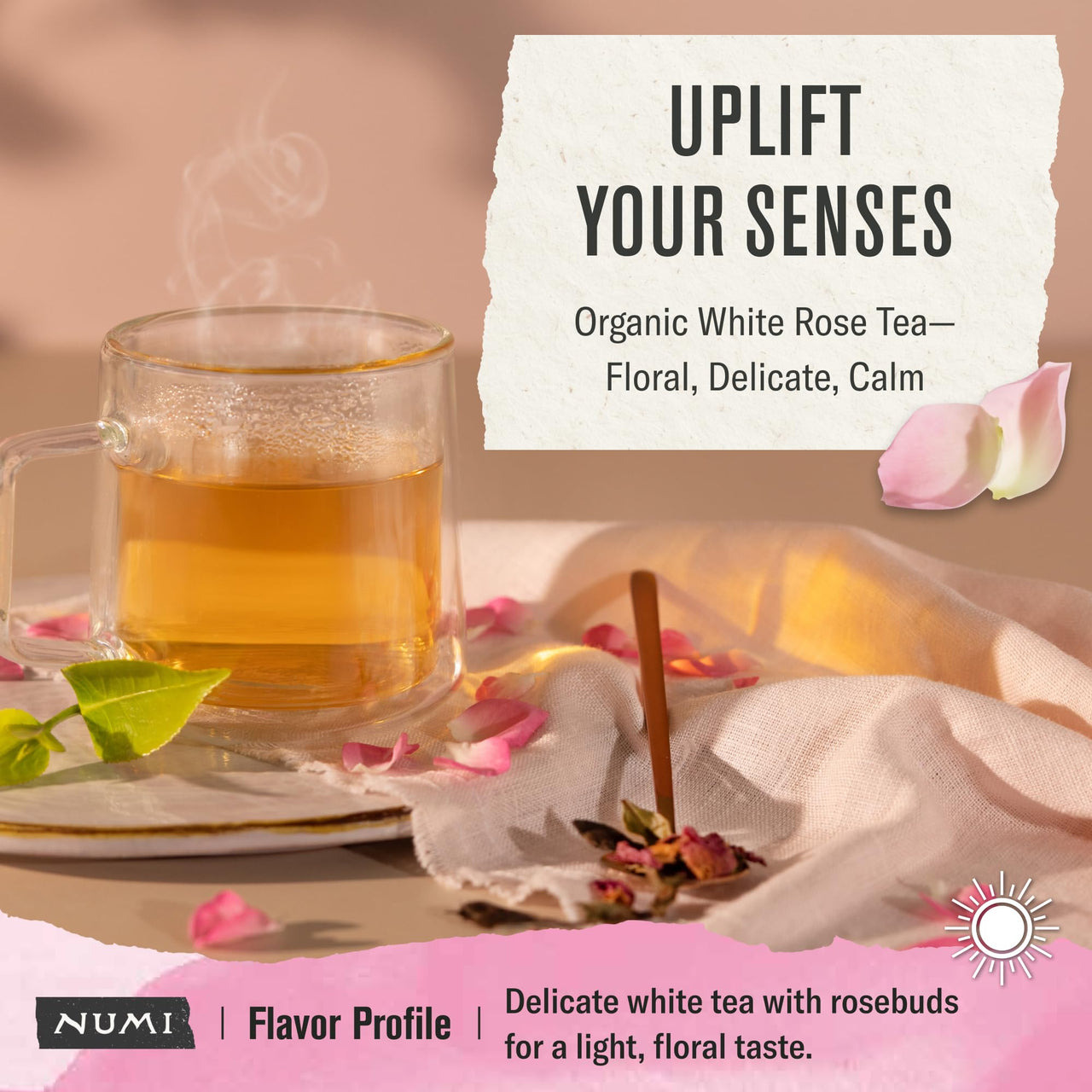 Numi Organic White Rose Tea, 16 Tea Bags, White Tea & Fragrant Rosebuds, Low Caffeine