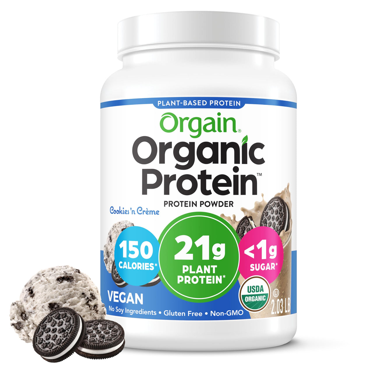 Orgain Organic Vegan Protein Powder, Cookies & Cream - 21g Plant Based Protein, 7g Prebiotic Fiber, Low Net Carb, No Lactose Ingredients, No Added Sugar, Non-GMO, For Shakes & Smoothies, 2.03 lb