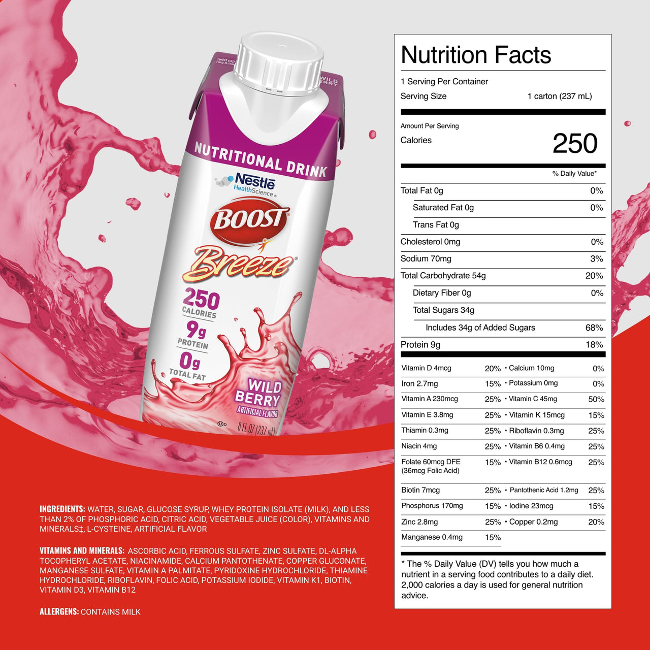 BOOST Breeze Clear Nutritional Drink - 250 Calories - 19 Vitamins & Minerals - 9 g Protein – Fortified with Vitamin A & Zinc - Wild Berry Flavor - 8 fl oz (Pack of 24)