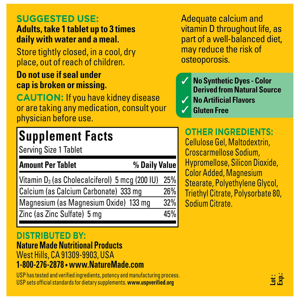 Nature Made Calcium Magnesium Zinc with Vitamin D3, Dietary Supplement for Bone Support, 300 Tablets