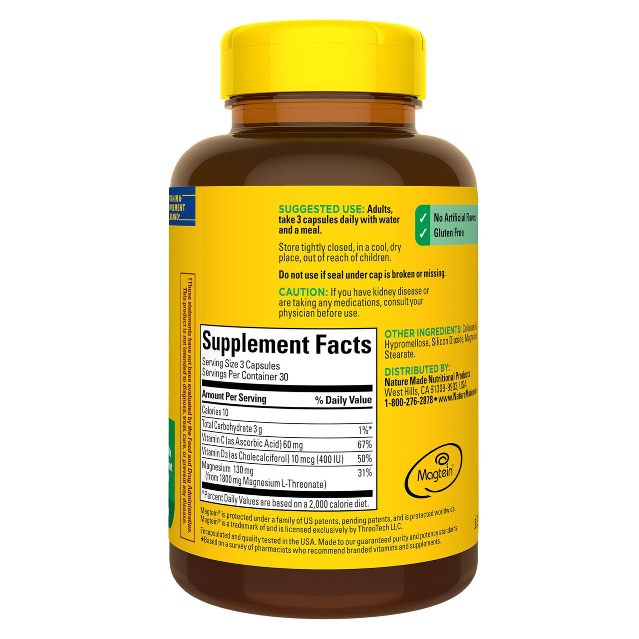 Nature Made Magnesium L-Threonate with Vitamin C & Vitamin D3, Provides 130 mg of Mag from 1800 mg Magnesium L Threonate, Cognitive Support Magnesium Supplement, 90 Capsules, 30 Day Supply