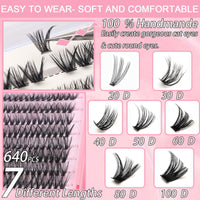 Thumbnail for Lash Clusters Kit, 640 Pcs Eyelashes Clusters Extensions Kit 9-16mm Individual Lashes D Curl Fluffy Wispy False Eyelashes Thin Band with Bond Seal Tweezers Brush DIY (30D+40D+50D+60D Kit 9-16mm)