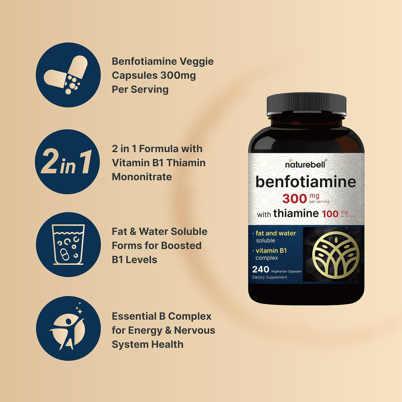 NatureBell Benfotiamine with Thiamine - 240 Vegetarian Capsules - 300mg Benfotiamine & 100mg Thiamine - for Heart Health, Energy Production & Nervous System Support* - Vitamin B1 Complex