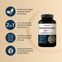 Thumbnail for NatureBell Benfotiamine with Thiamine - 240 Vegetarian Capsules - 300mg Benfotiamine & 100mg Thiamine - for Heart Health, Energy Production & Nervous System Support* - Vitamin B1 Complex