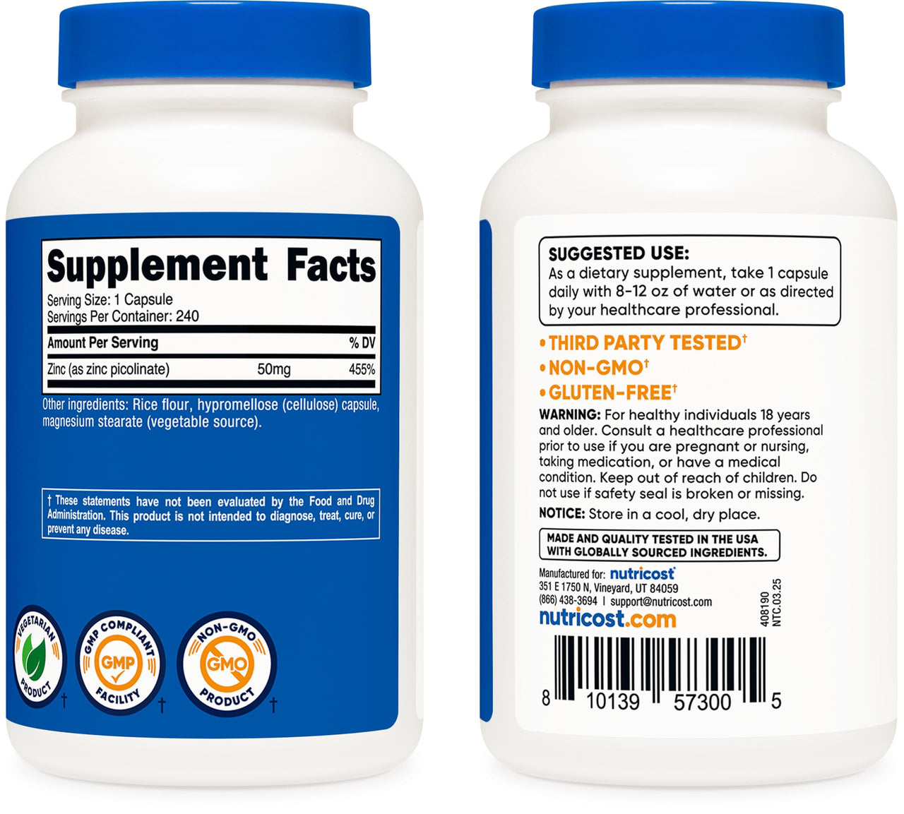 Nutricost Zinc Picolinate 50mg, 240 Vegetarian Capsules - Gluten Free and Non-GMO (240 Caps)