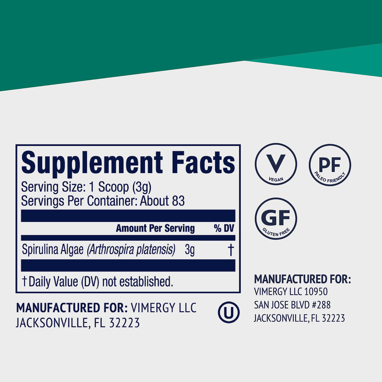 Vimergy Spirulina Powder – Concentrated Plant Protein Supports Immune Health & Cardiovascular Function – Vegan, Kosher, Gluten-Free – 250g
