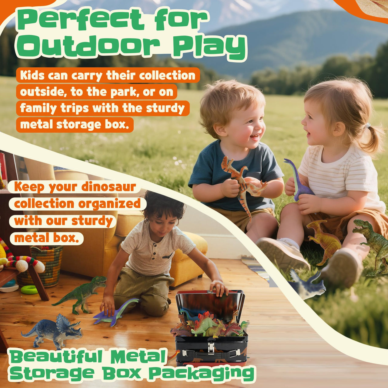 Zippytots Dinosaur Toys for Kids 3-5-7-14 Realistic Plastic Dinosaur Figures with Metal Storage Box & Learning Booklet - Educational Dino Figure Toys for Boys Girls Toddlers