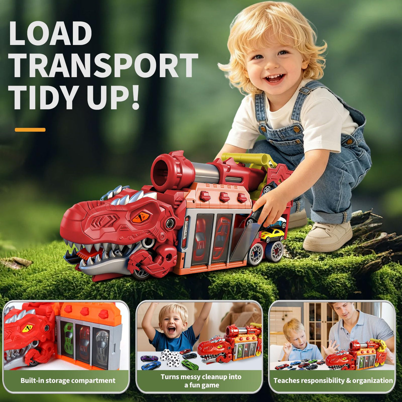 LUCKFUTURE Dinosaur Truck Toy, Red T-Rex with Car Launcher - Shoots Matchbox Cars & Balls, Action Play Dino Truck Gift for Boys Girls 3-7 Years Old
