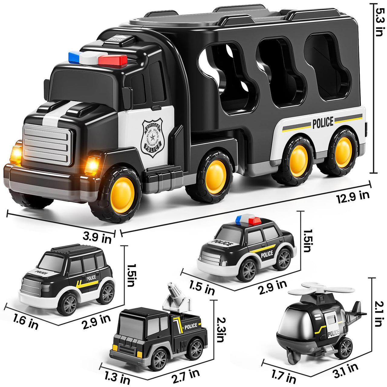 JUKUDAHU Police Truck Toy for 3 4 5 6 Years Old Boys - Carrier Vehicle Toy Set with 3 Small Cars and 1 Helicopter, Kids Firction Powered Car for Age 3-9, Gifts for Boys and Girls