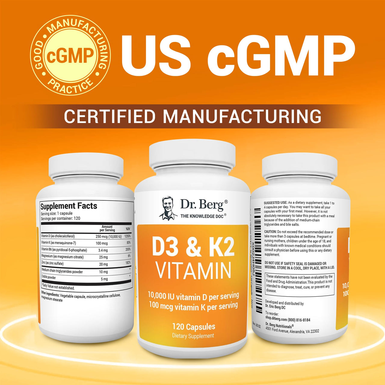 Dr. Berg Vitamin D3 K2 w/MCT Powder - Includes 10,000 IU of Vitamin D3, 100 mcg MK7 Vitamin K2, Purified Bile Salts, Zinc & Magnesium for Ultimate Absorption - K2 D3 Vitamin Supplement - 120 Capsule