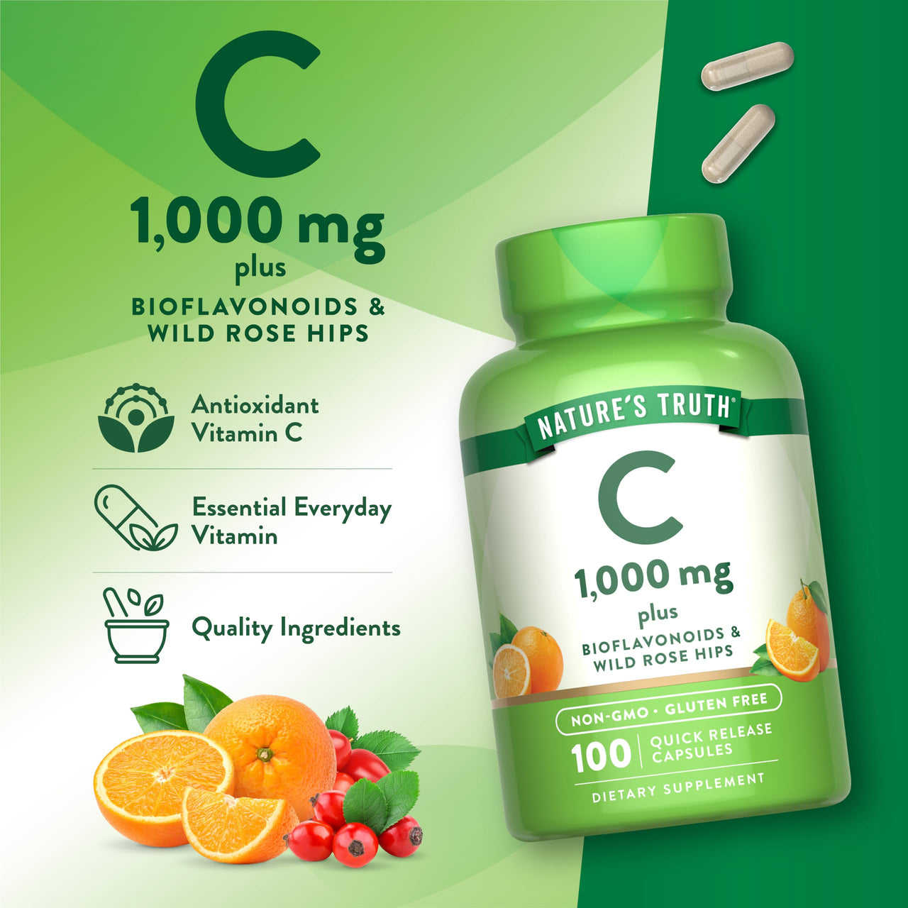 Nature's Truth Vitamin C 1000mg | 100 Capsules | with Wild Rose Hips & Bioflavonoids | Non-GMO & Gluten Free Supplement