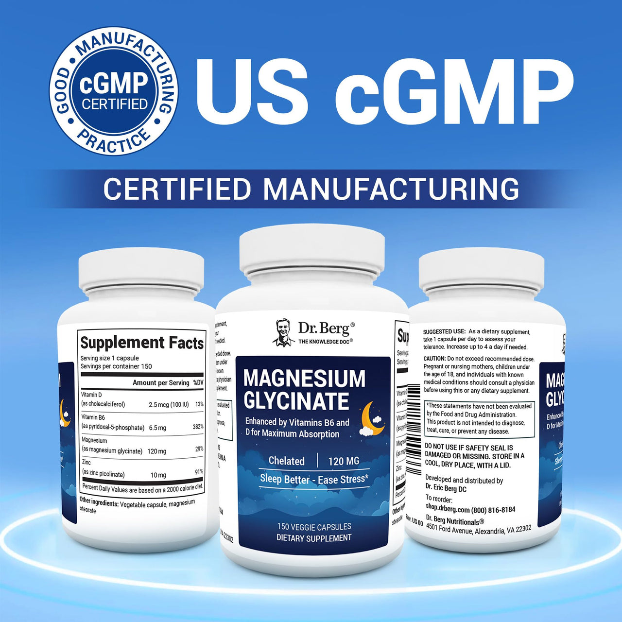 Dr. Berg Magnesium Glycinate with Vitamin D, B6 & Zinc for Stress Relief, Calm, Relaxation, & Good Sleep* - 120 mg Per Magnesium Supplement Capsule - Chelated Magnesium Glycinate - 150 Caps