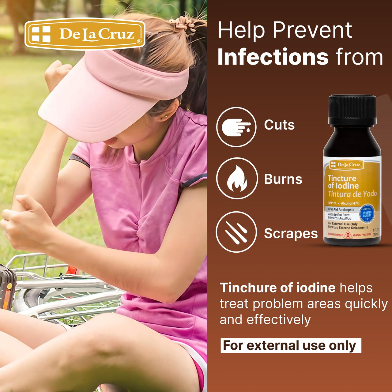 De La Cruz 2% Iodine First Aid Antiseptic, Made in USA 1 FL OZ (1 Bottle)