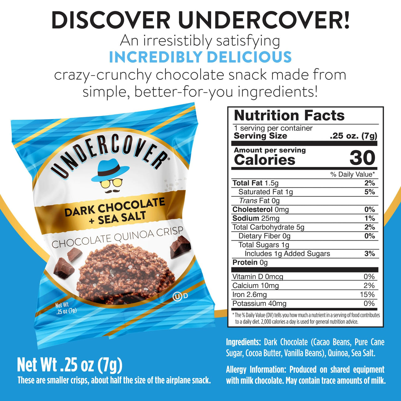 Undercover Snacks Chocolate Quinoa Crisps Snacks - Dark Chocolate + Sea Salt | 70-Count, Individually Wrapped Crisps | Gluten Free, Nut-Free, Allergen Friendly, Kosher, Plant-Based, NOT AIRLINE SIZE