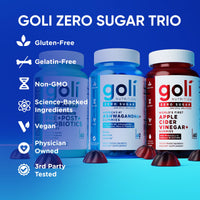 Thumbnail for Goli Zero Sugar Trio - World's First 3-in-1 Pre, Post, Probiotic, Apple Cider Vinegar with Vitamin B12 and Probiotics, Ashwagandha & L-Theanine, Vitamin D Gummies, 90 Count (3-Bottle Set)