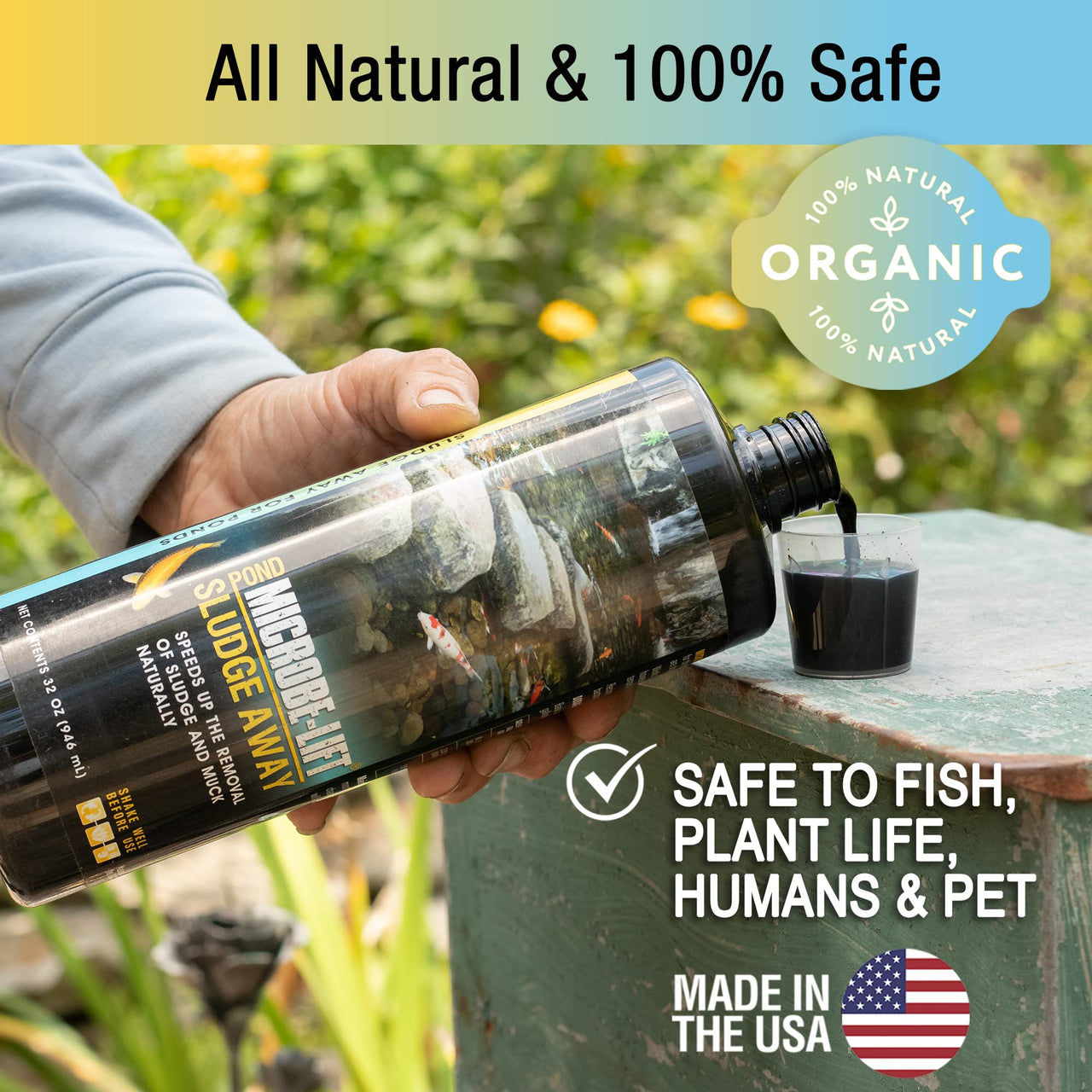 MICROBE-LIFT MLXSAG4 Sludge-Away Pond and Outdoor Water Garden Sludge Remover, OK for Live Koi Fish, Plant Life, and Decor, 1 Gallon