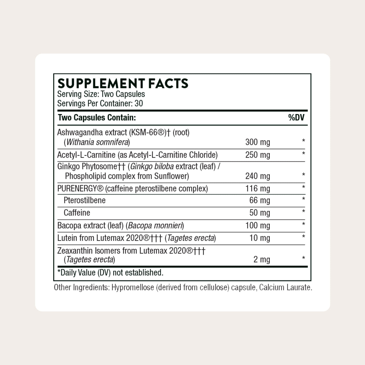 THORNE - Memoractiv - Nootropic Brain Supplement for Focus, Creativity, and Concentration - Ashwagandha, Ginkgo, Lutemax, Bacopa, Pterostilbene - Gluten-Free, Dairy-Free* - 60 Capsules - 30 Servings