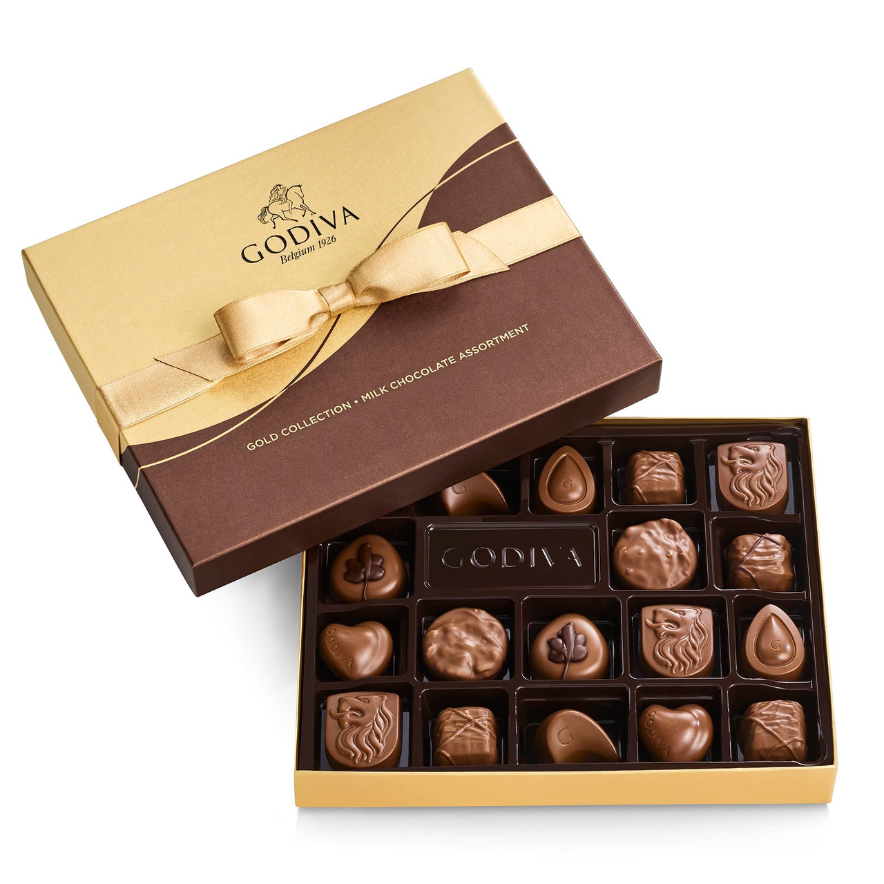 Godiva Milk Chocolate Gift Box- Praline in Milk Chocolate, Assorted Chocolate Candy Gift Basket for Congratulations, Birthday and Anniversary, Gold Ribbon, 18-Piece
