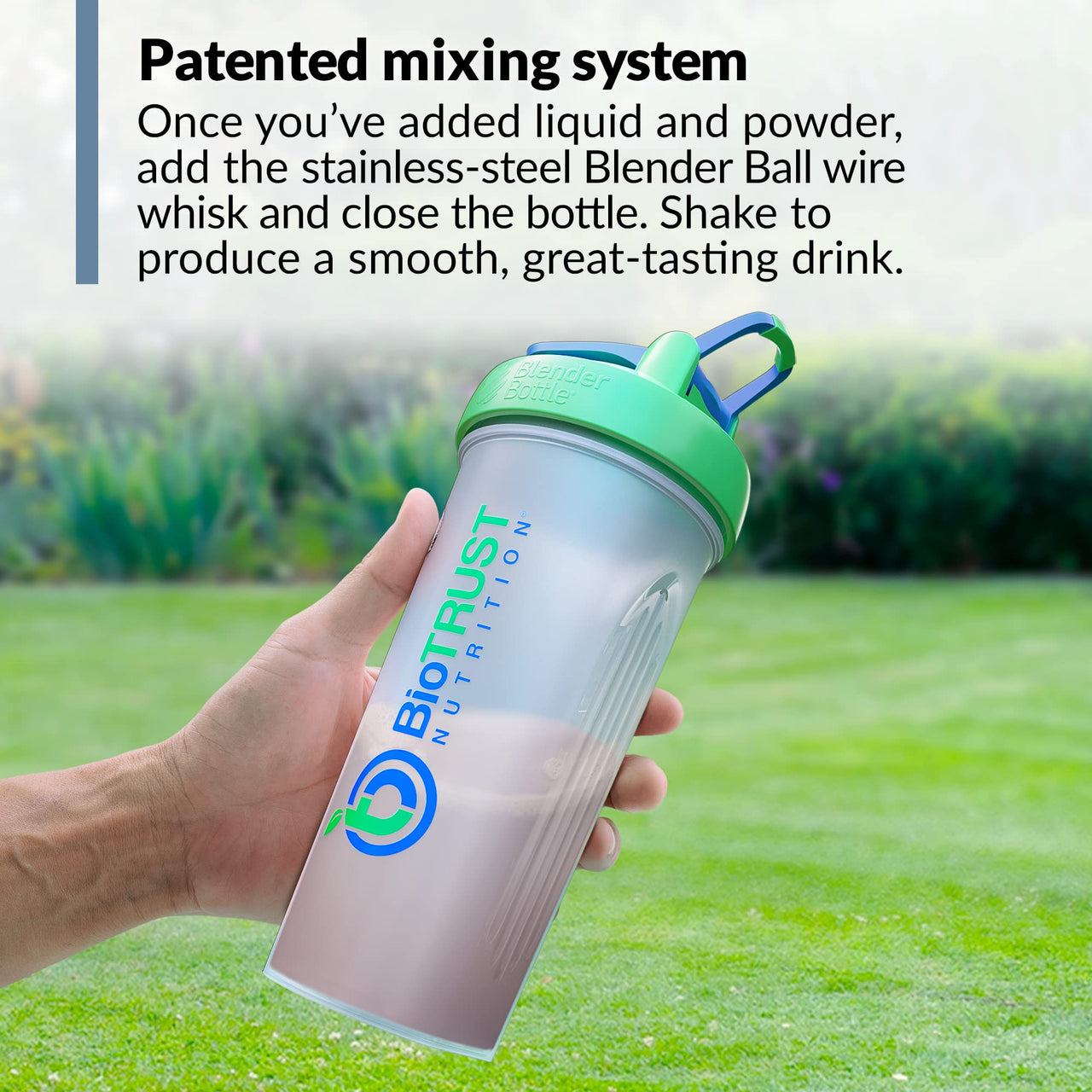 BioTrust BlenderBottle Classic Shaker Bottle, 28-Ounce with loop, Clear/Green