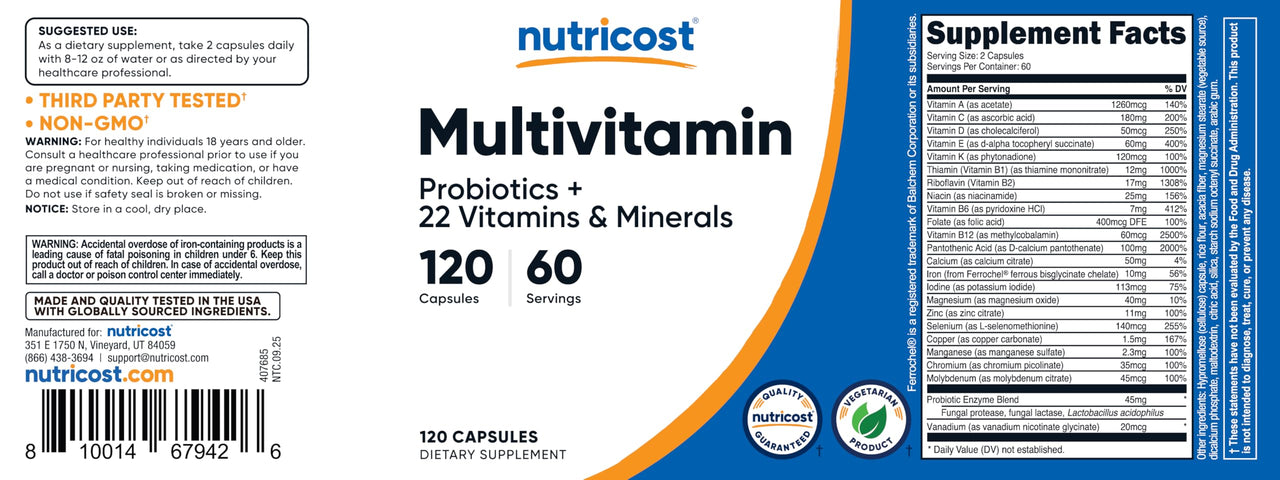 Nutricost Multivitamin with Probiotics 120 Vegetarian Capsules - Packed with Vitamins & Minerals