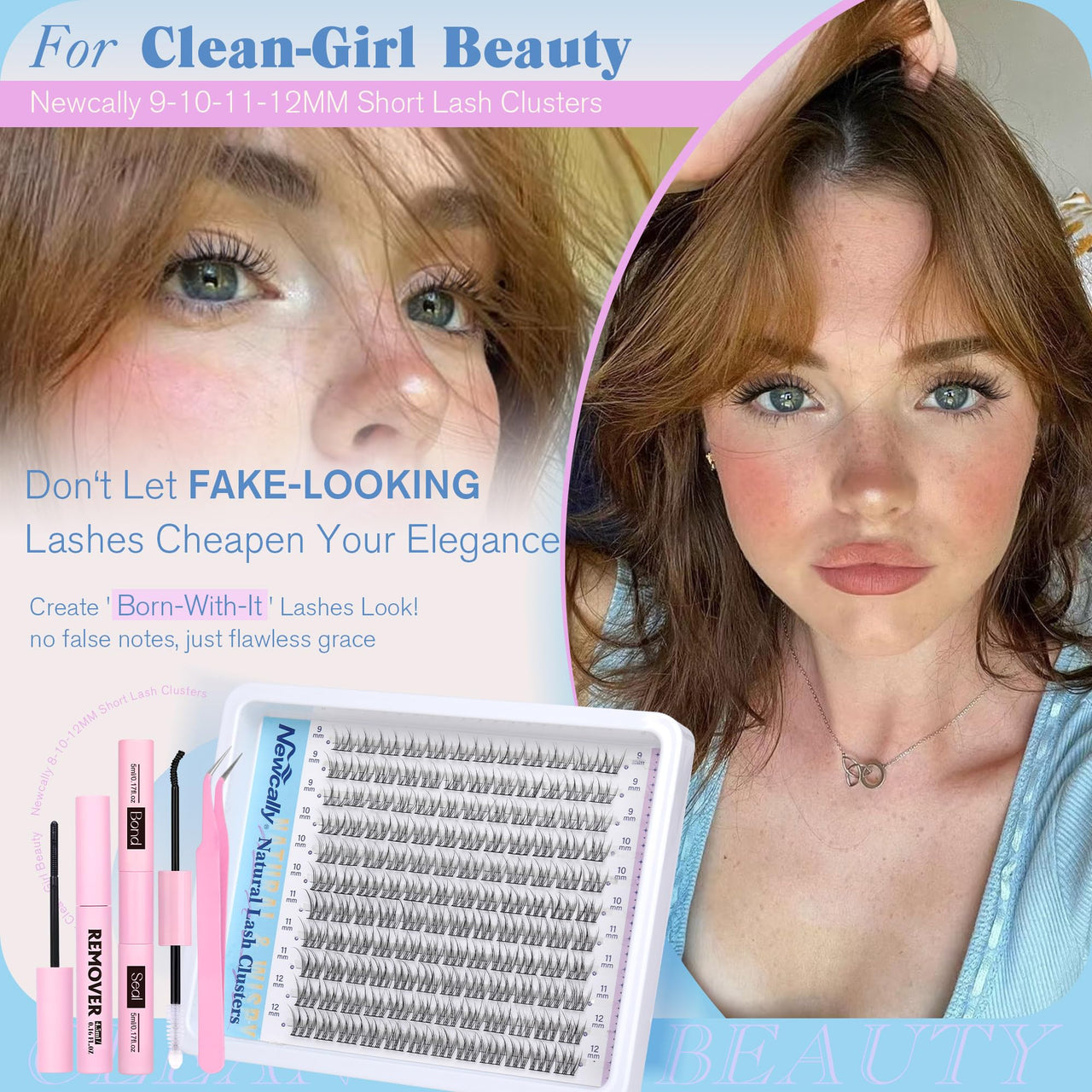 Natural Lash Clusters Kit DIY Lash Extension Kit Wispy Eyelash Extension Kit C-curly Individual Lashes Kit 9-12MM Short Eyelash Clusters with Lash Remover by Newcally