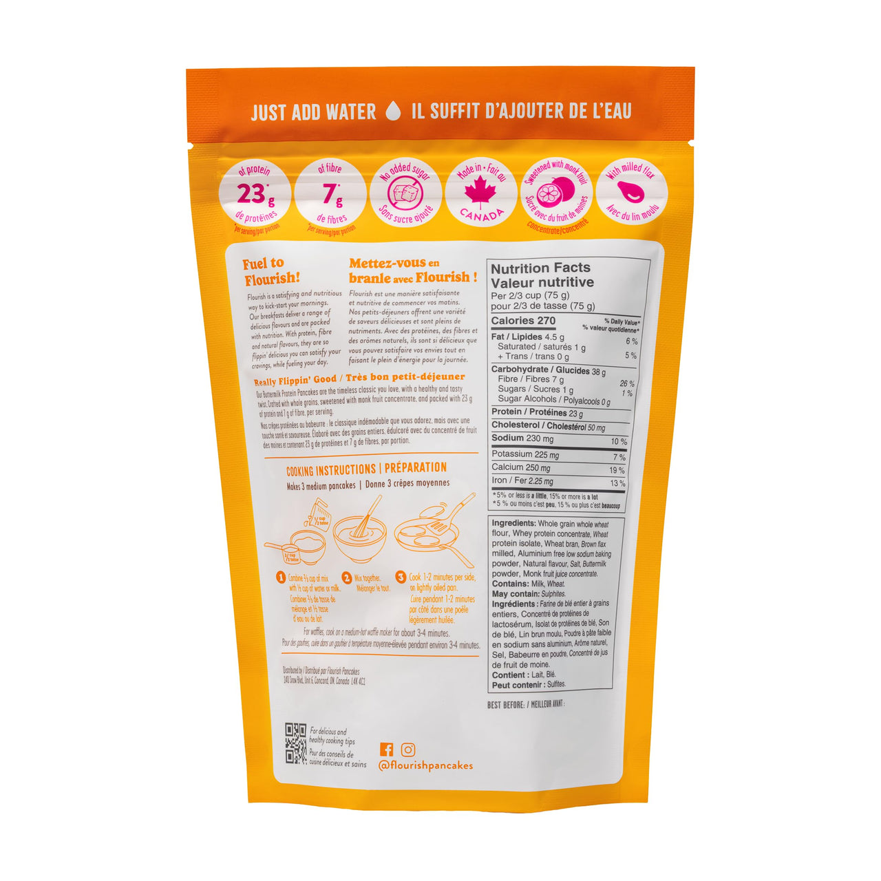 Flourish Protein Pancake & Waffle Mix, with Whey Protein & Flax Seed, No Added Sugar, High in Protein & Fiber - Just Add Water - Buttermilk Flavour, 16 oz (2 Pack)