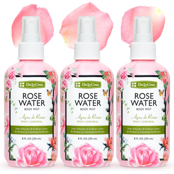 De La Cruz Pure Rose Water Body Mist,Rosewater Spray for Face, Skin & Hair, Rose Toner & Rose Water for Hair Alcohol Free, Paraben Free 8 fl oz (3 Bottles)