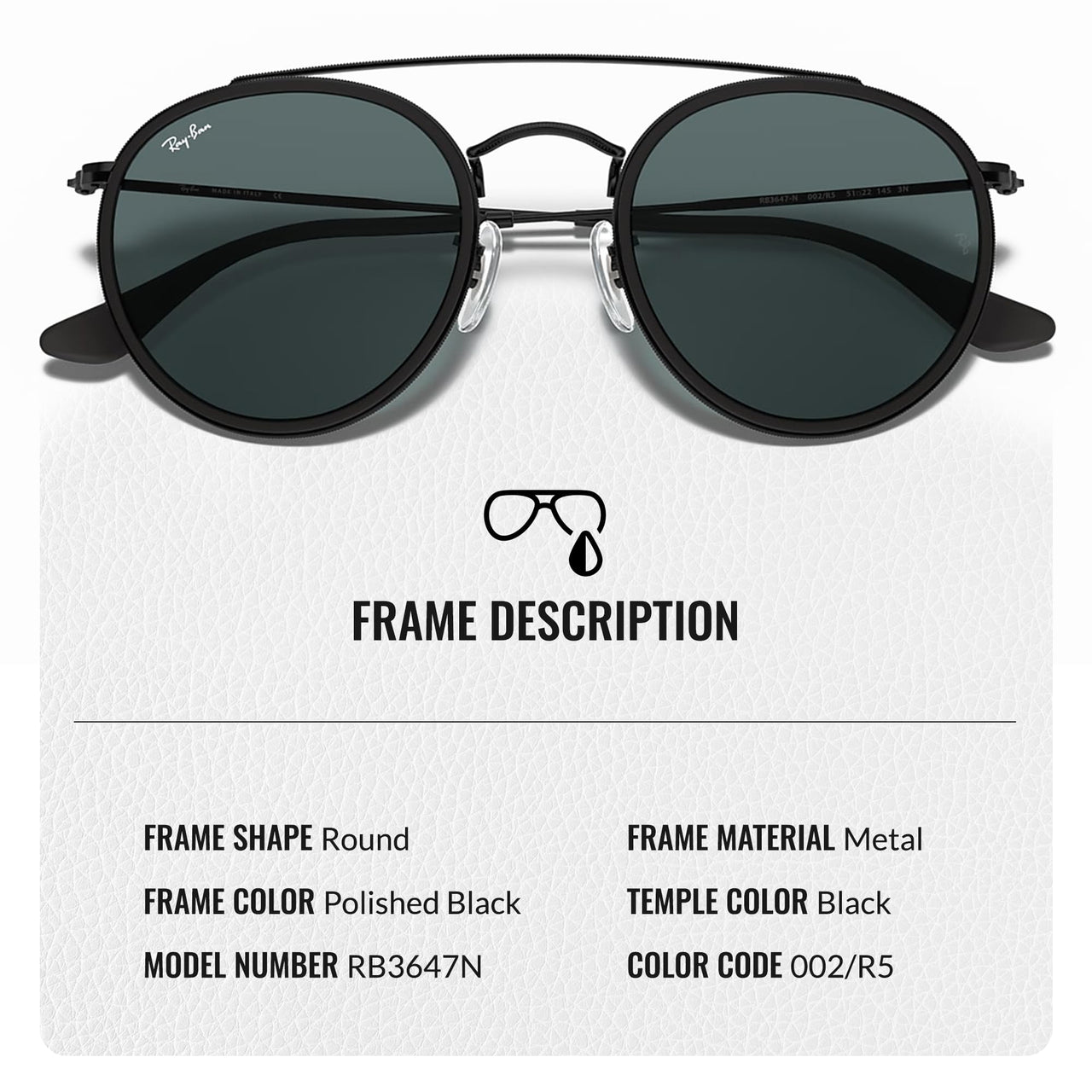 Ray-Ban RB3647N Round Double Bridge Sunglasses for Men and Women- Timeless Classic Sun Glasses with Modern Elegance - Premium UV Protection & Classic Lenses - Designer Men's and Women's Sunglasses