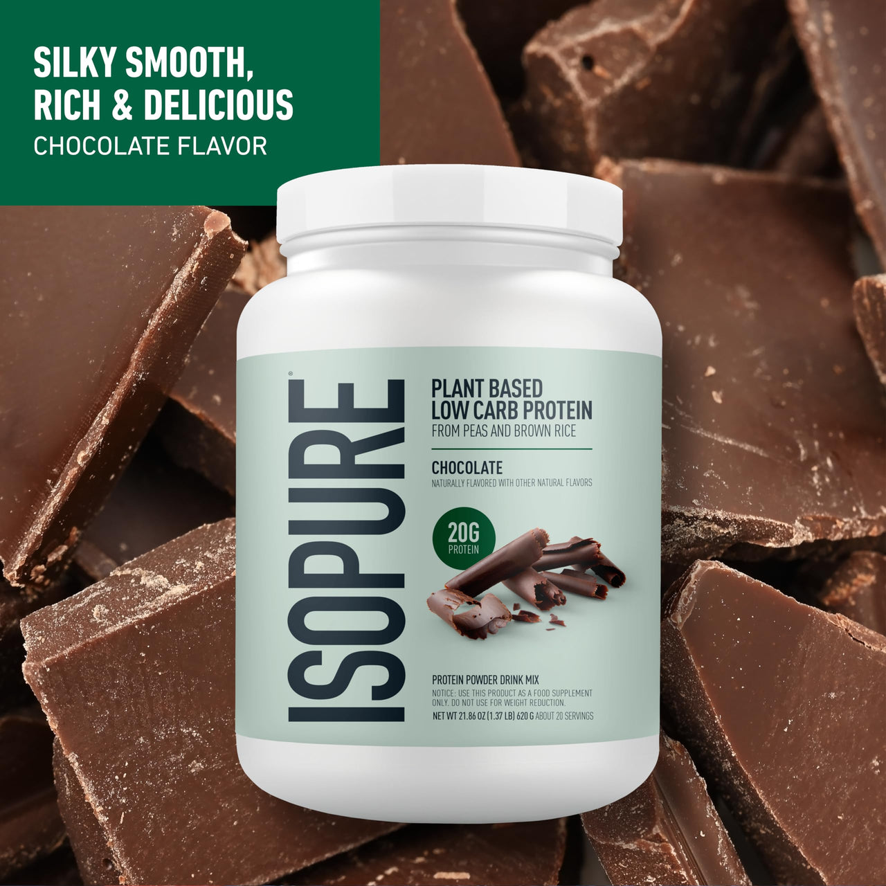 Isopure Plant-Based Protein Powder, Lactose Free, Gluten Free, With Iron, Chocolate, 20g Plant Protein Per Serving, 1.37 Lbs, 20 Servings